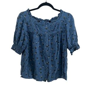 Me By Jennie Garth Floral Blue Women's Flowy Top Ruffle Square Neck XS GUC